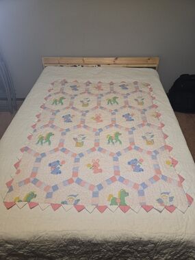 Handmade Pastel Animal Patchwork Quilt - Pink and Cream